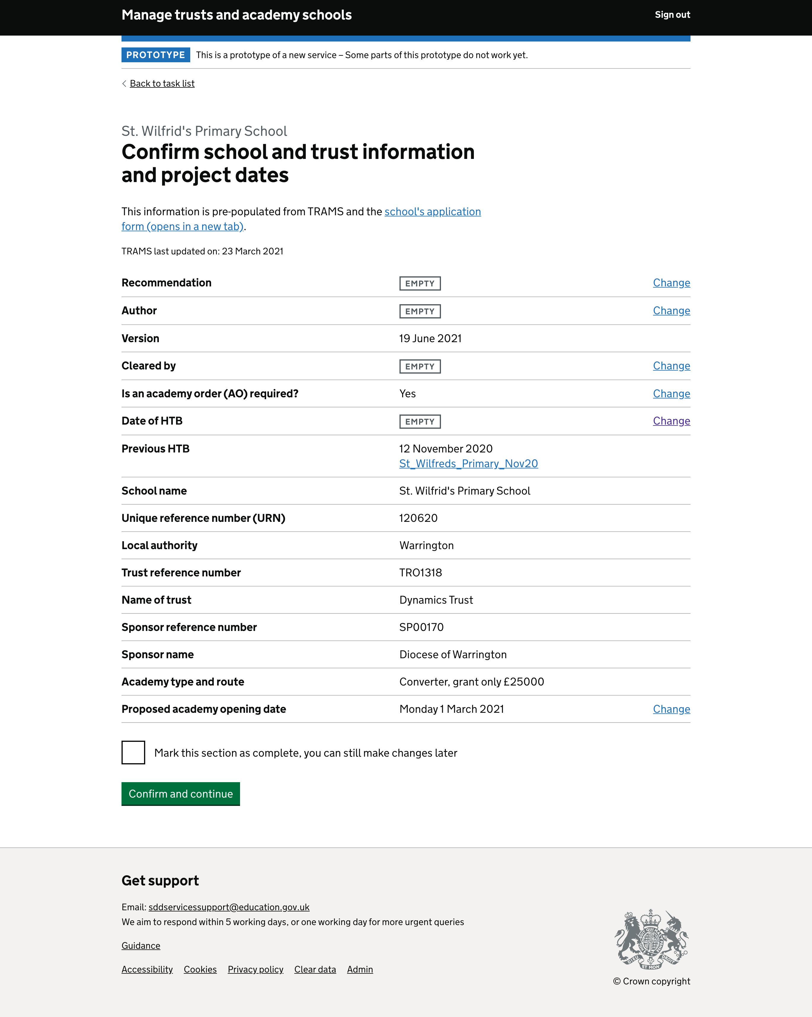 Trust infromation and date summary screen