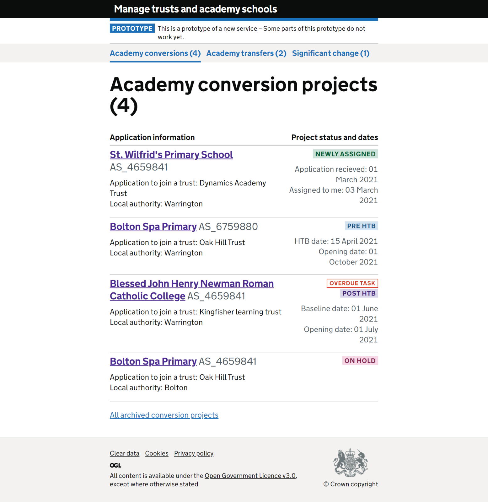 Large text view of projects page