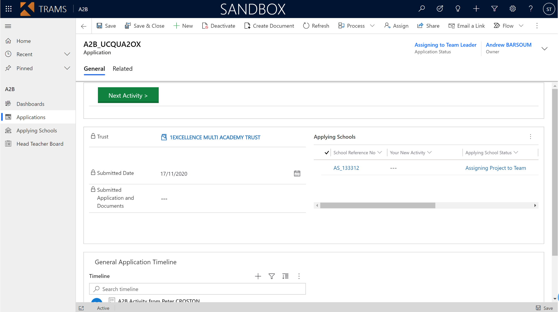 Screen shot of TRAMS Microsoft Dynamins A2 B system